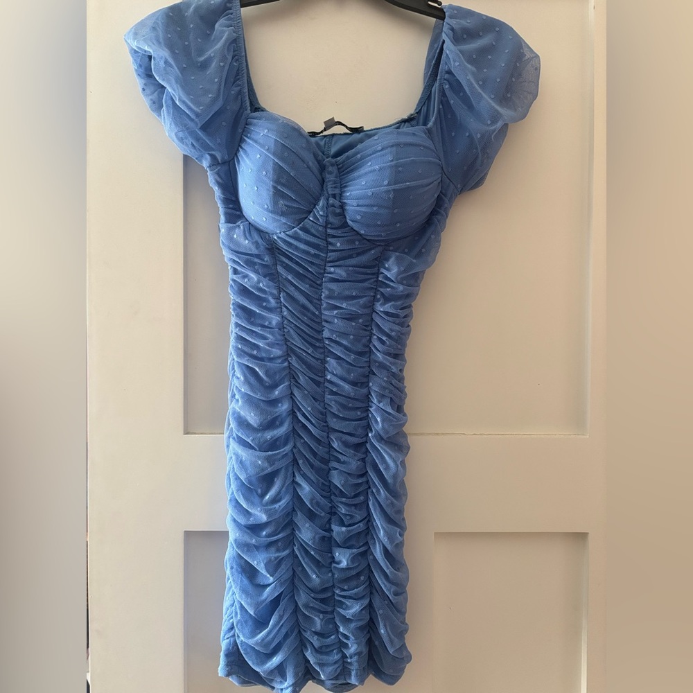Sky Blue Ruched Puff-Sleeve Mini Dress